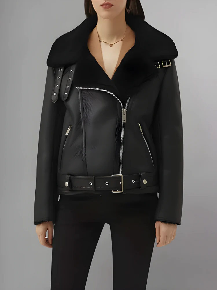 Model Wearing Womens Black Leather Black Aviator Jacket- Front