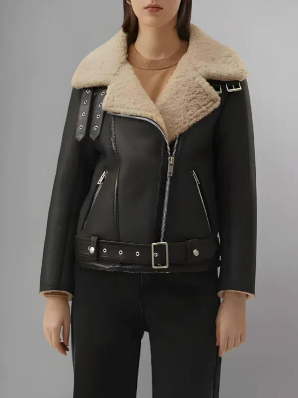 Model Wearing Womens Black Leather Brown Aviator Jacket - Front