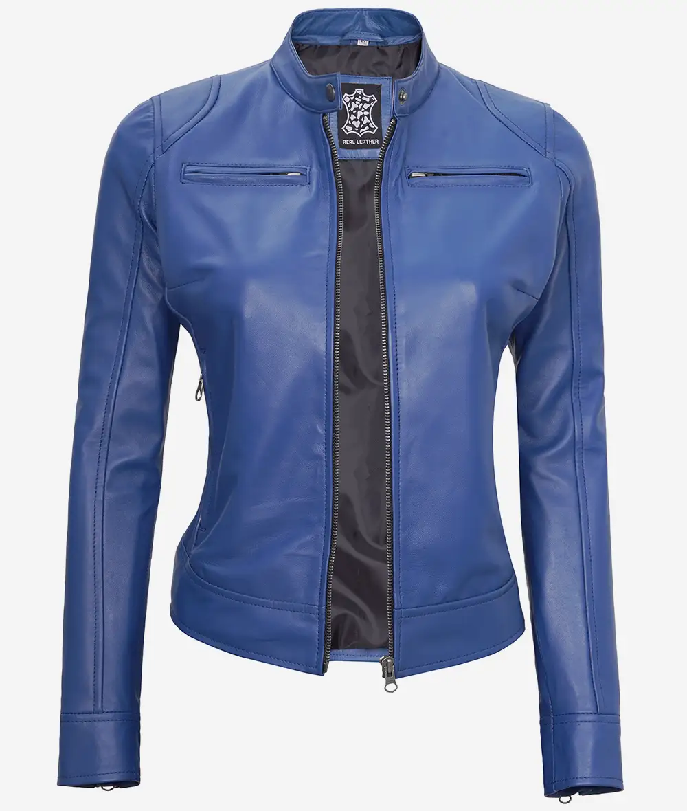 Front view of womens blue biker leathers jacket