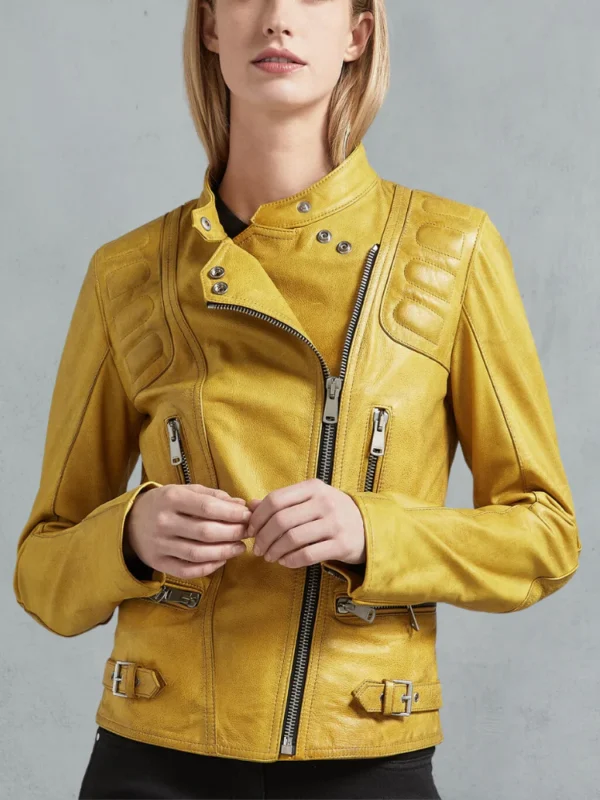 Model Wearing Womens Bright Yellow Biker Leather Jacket - Front