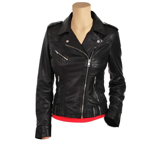 Front view of Womens Classic Biker Style Leather Jacket