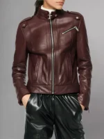 Model Wearing Womens Classic Maroon Biker Leather Jacket - Front