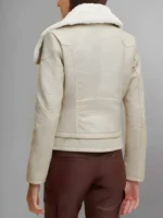 Model Wearing Womens Cream Leather Big Collared Jacket- Back