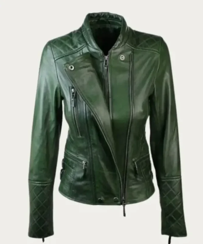 Front view of Womens Dark Green Leather Jacket