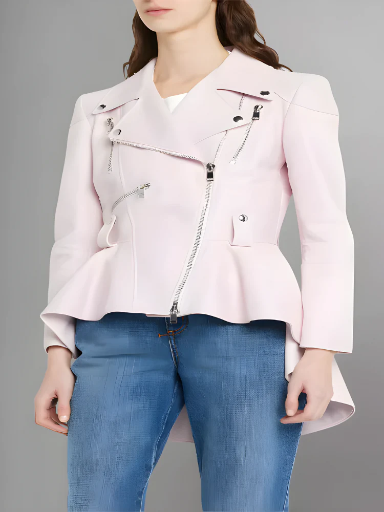 Model Wearing Womens Fitted Leather Biker Peplum Jacket - Front