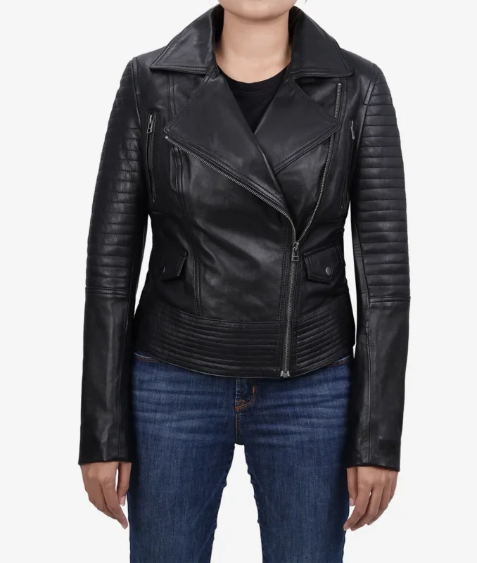Model wearing womens lambskin leather black moto jacket front view