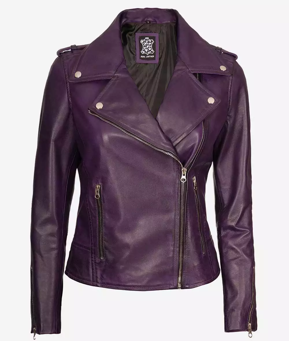 Front view of Womens Lambskin Purple Motorcycle Jacket