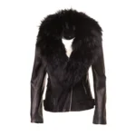 Front view of Womens Leather Jacket Black Fur Shawl