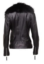 Back view of Womens Leather Jacket Black Fur Shawl