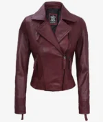 Front view of womens leather maroon motorcycle jacket