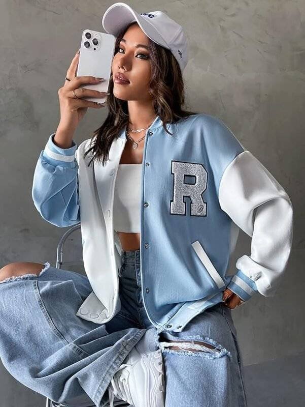 Model in Women's Light Blue Varsity Jacket