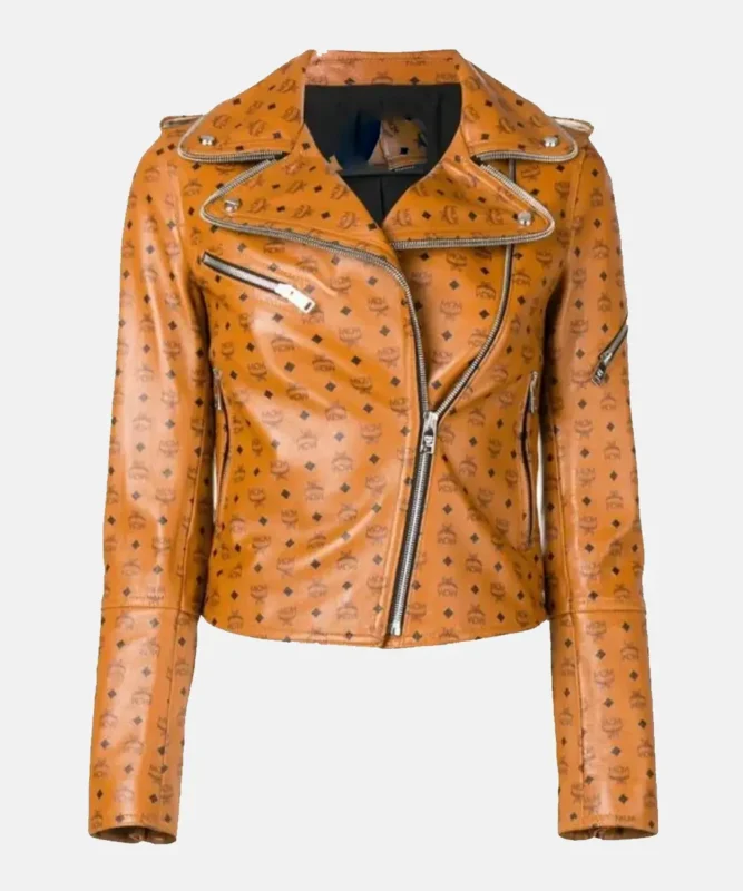 Front view of Women's MCM Brown Biker Jacket