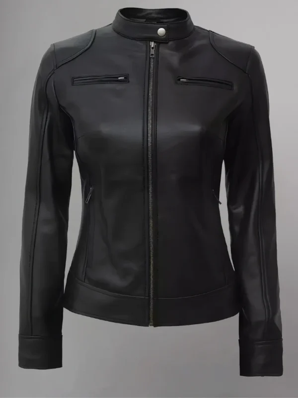 Front view of Womens Real Leather Quilted Jacket