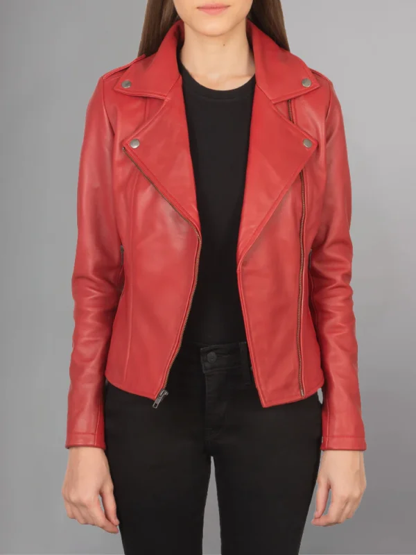 Model Wearing Womens Red Moto Style Leather Jacket - Front