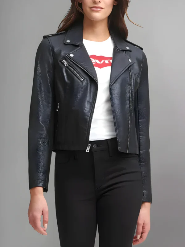 Model Wearing Womens Sheep Leather Motorcycle Jacket - Front