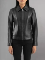 Model Wearing Womens Simple Black Leather Biker Jacket - Front