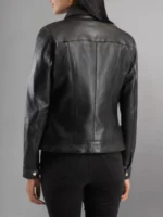 Model Wearing Womens Simple Black Leather Biker Jacket - Back