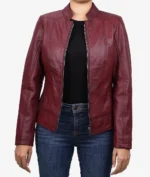 Model wearing Womens Slim Fit Maroon Leather Jacket front view