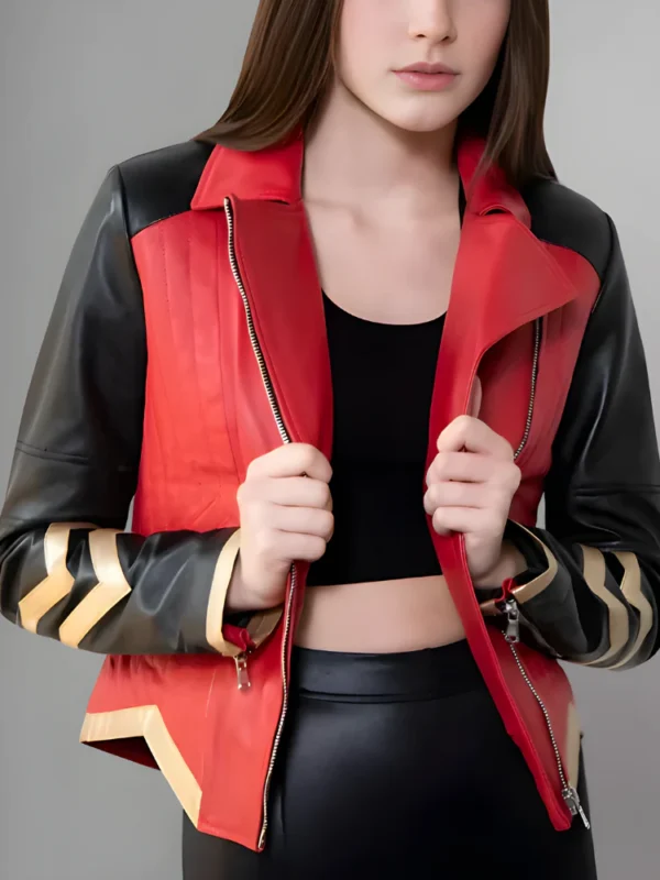 Model Wearing Womens Warrior Red Leather Jacket - Front