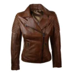 Front view of Women's distressed biker leather jacket with piping