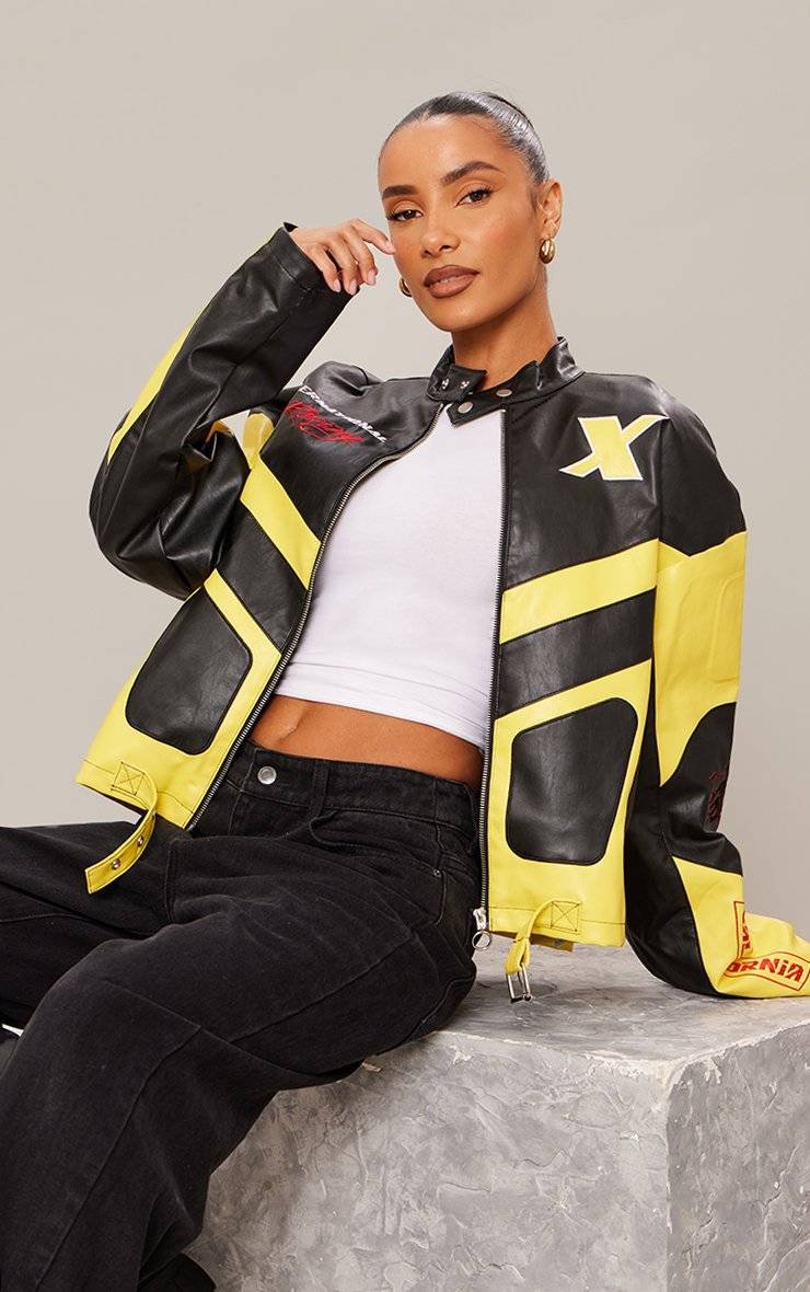 Yellow Faux Leather Oversized Motocross Jacket with belted waist and oversized fit.