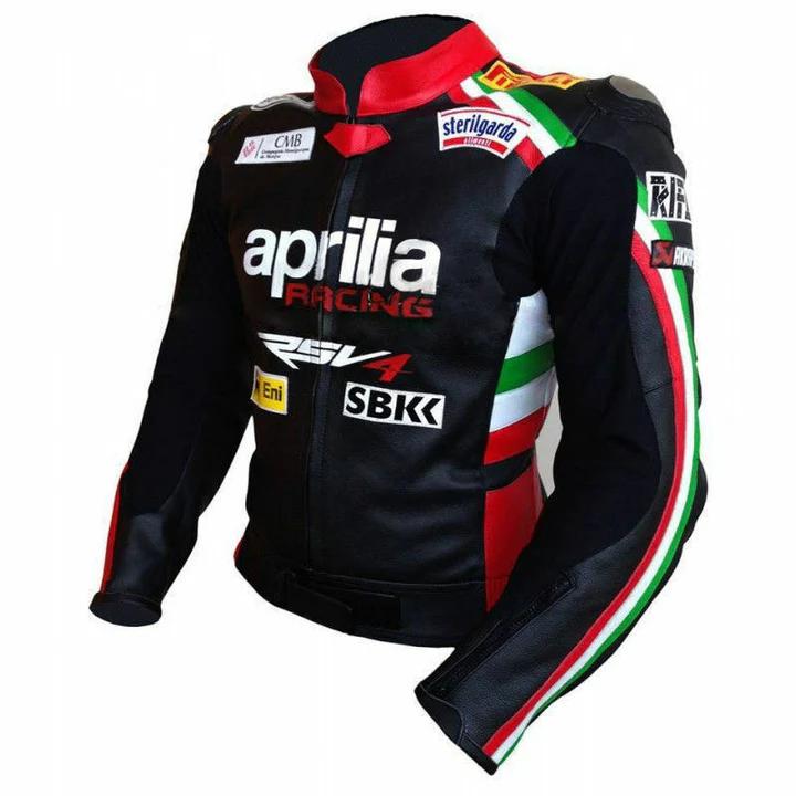 Black Aprilia armor motorcycle jacket front view