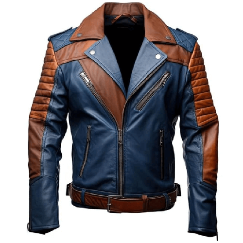 Mens blue and brown leather jacket front view