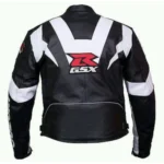 Black and white Suzuki armor motorcycle jacket back view