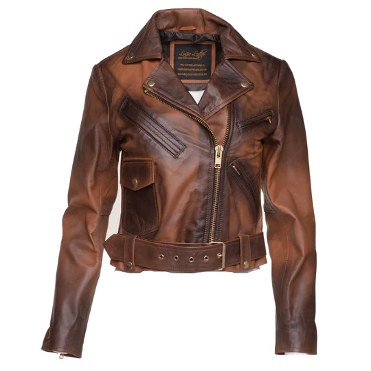 Front view of Brown Crop Biker Jacket with Waist Belt