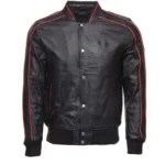 Black Bomber Red Piping Leather Jacket Front