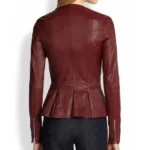 Womens Maroon Collarless Leather Jacket Back