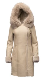 Close-up of Gracies Hooded Sheepskin Shearling Coat With Fox Fur