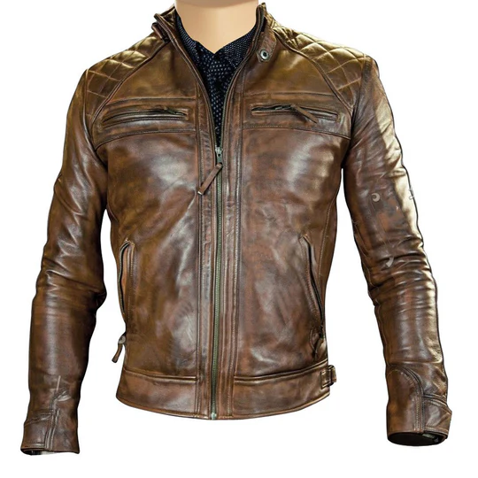 Distressed Brown Moto Leather Jacket - Front view