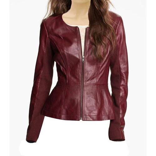 Womens Maroon Collarless Leather Jacket Front