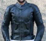 Black Leather Armored Motorcycle Jacket Front