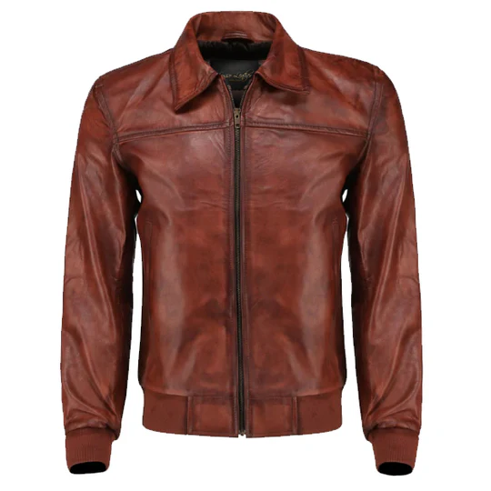 Rust Leather Jacket With Ribbed Cuffs Front