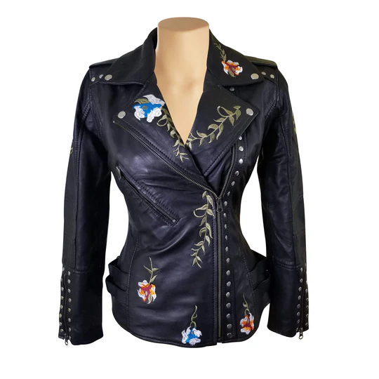 Flowery Embroidered Leather Jacket Front