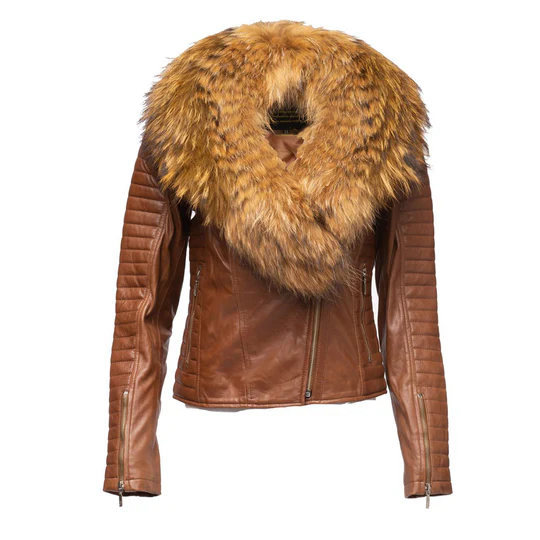 Womens Large Fur Shawl Leather Jacket With Ribbed Sleeve - Front view