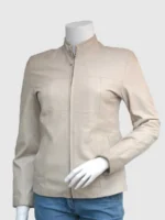 Slim Fit Cream Leather Jacket Front