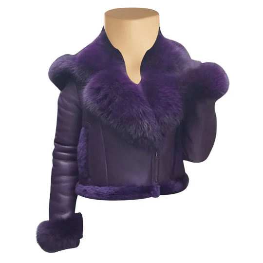 Sierras Purple Shearling Crop Jacket With Fox Fur Hoodie - Front view