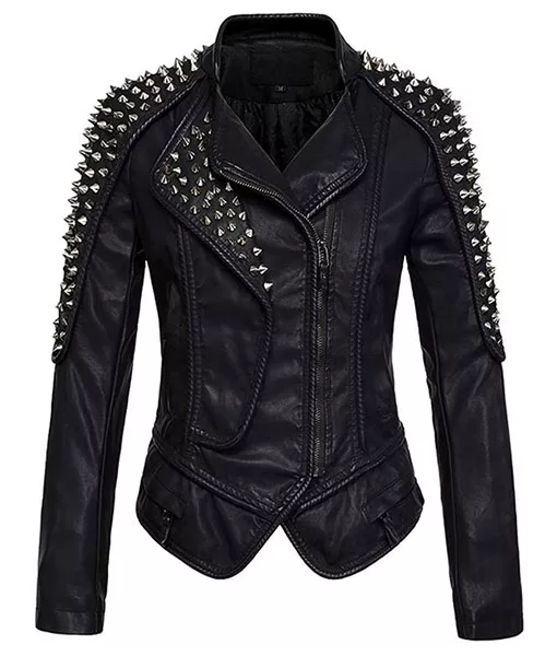 Womens Punk Studded Leather Jacket Front