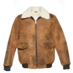 Distressed Brown Bomber Shearling Jacket Front