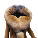 Close-up of Chantals Tan Shearling Coat with Large Fox Fur Hoodie