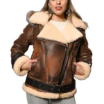 Womens Rocco Vintage Distressed Brown Shearling Jacket - Front view