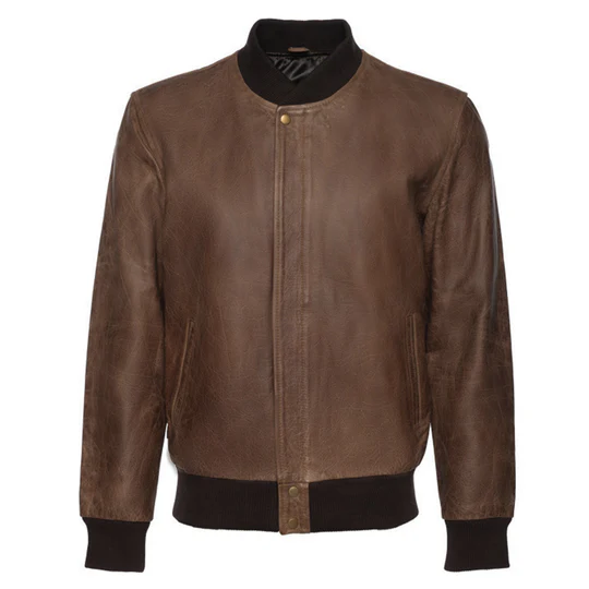 Levi Brown Oiled Leather Bomber Jacket - Front view