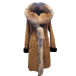 Chantals Tan Shearling coat with large Fox Fur Hoodie Trim - Front view