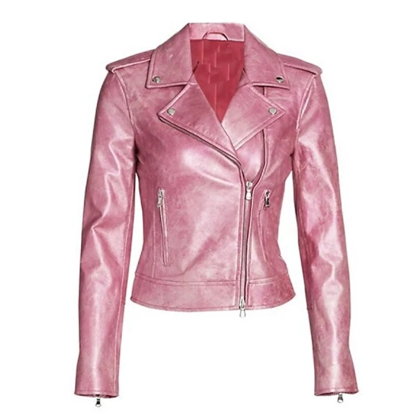 Ashleigh Murray Pink Biker Leather Jacket Front