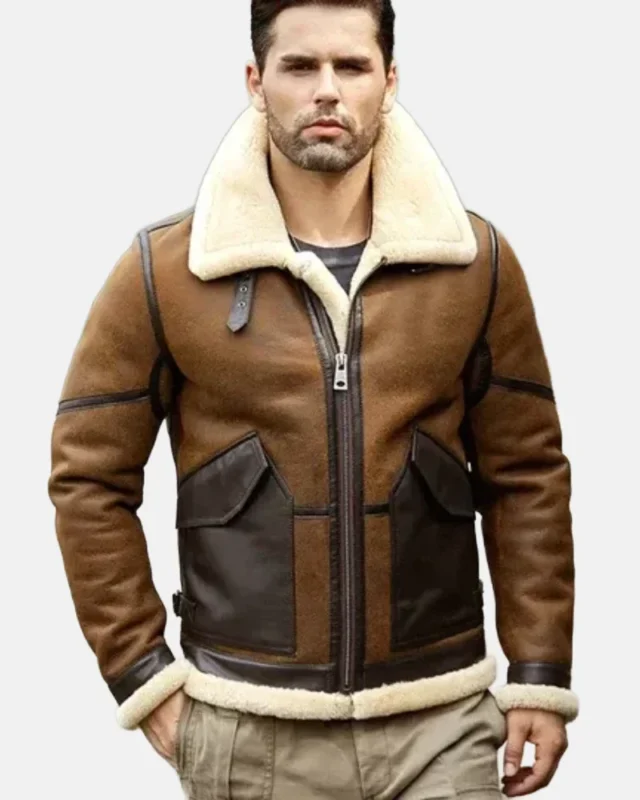 Model Wearing Adam-B3 Flighted Shearling Leather Jacket Front