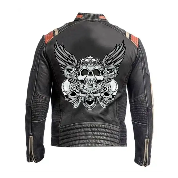 Mens Skulls Black Biker Leather Jacket Back