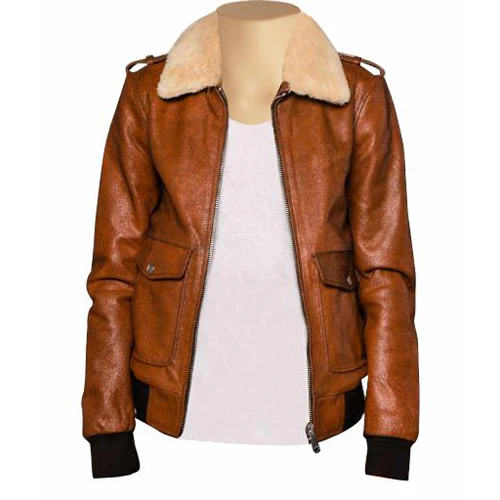 Brown Bomber Leather Jacket Fur - Front view